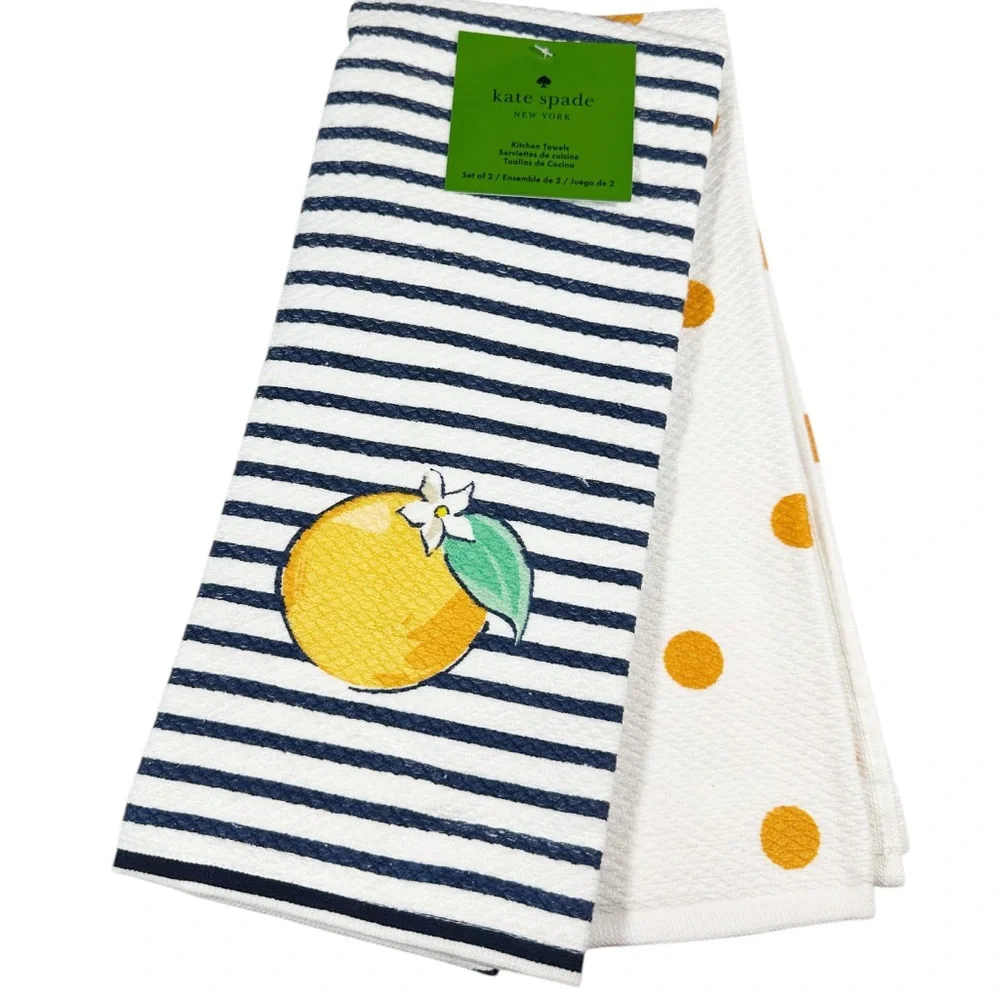 NEW Kate Spade ORANGE/POLKA DOT THEMED Kitchen Towels Set/2